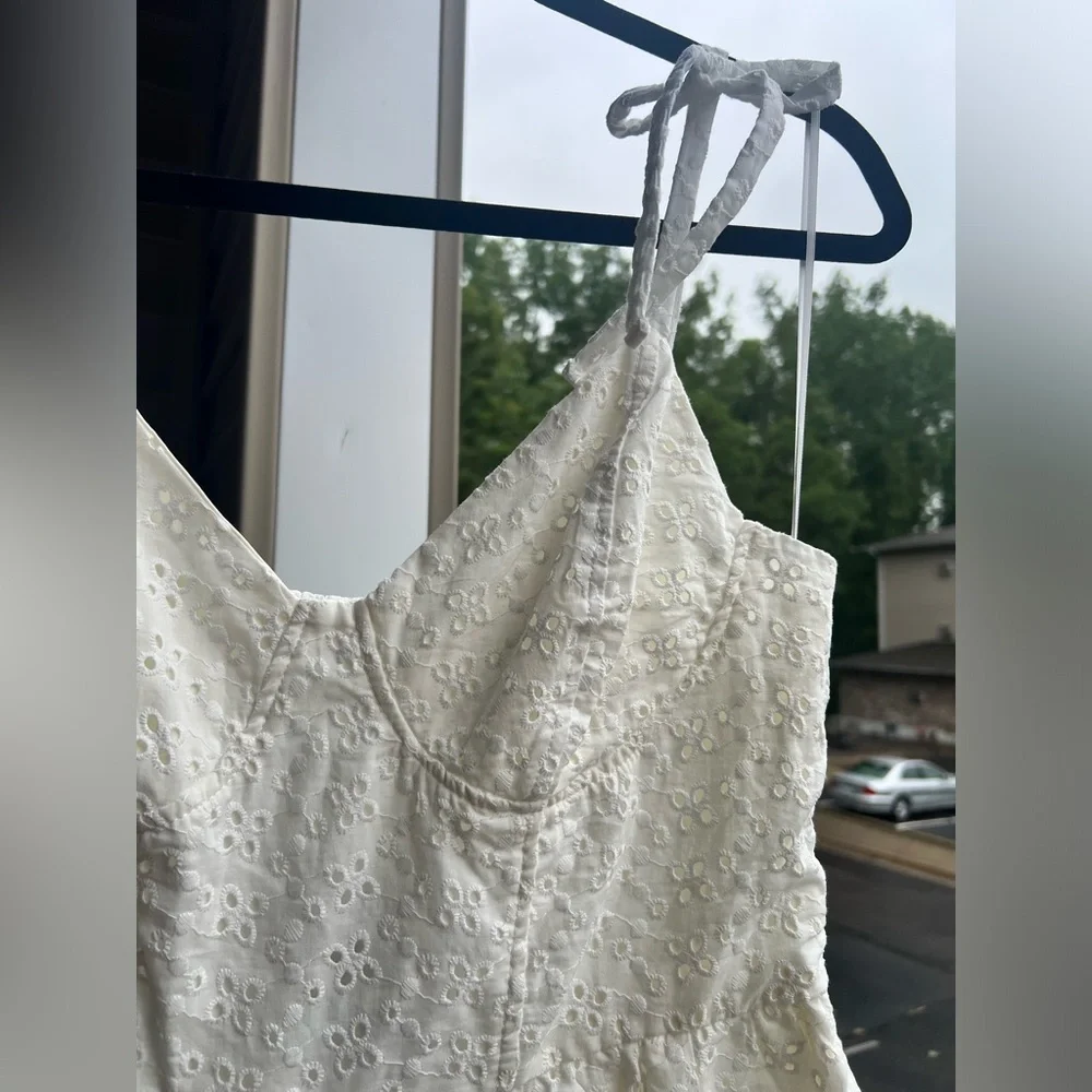 🆕SELF E Embroidered White Eyelet Tie-Strap Mini Dress Size L Cotton Summer - Picture 7 of 15